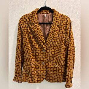Free People Retro Style Diamond Print Orange Faux Velvet Blazer, Size S